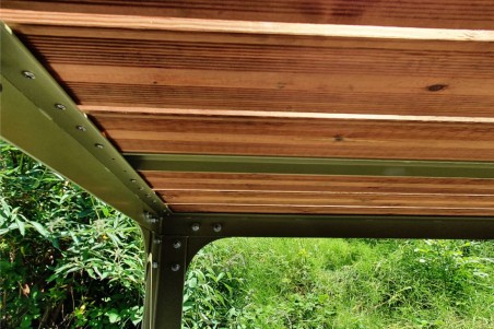 table de jardin extérieur, vert olive, bois, roulettes, trou pour parasol, design industriel,