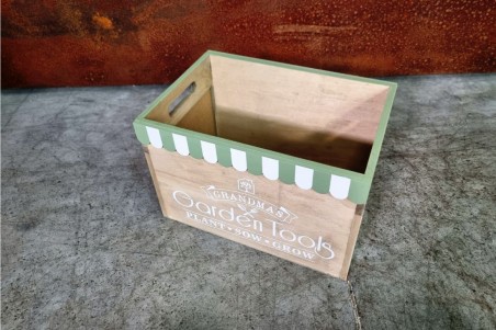 Caisse garden tools outils de jardin avec ardoise couleur bois avec fanion vert et blanc