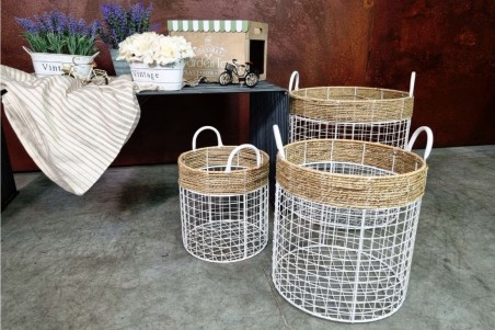 Paniers en grillages et osier, couleur blanc lot de 3 style vintage, champêtre, romantique