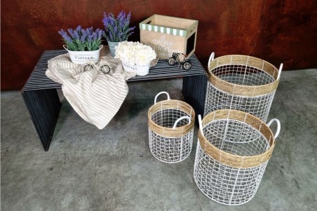 Paniers en grillages et osier, couleur blanc lot de 3 style vintage, champêtre, romantique