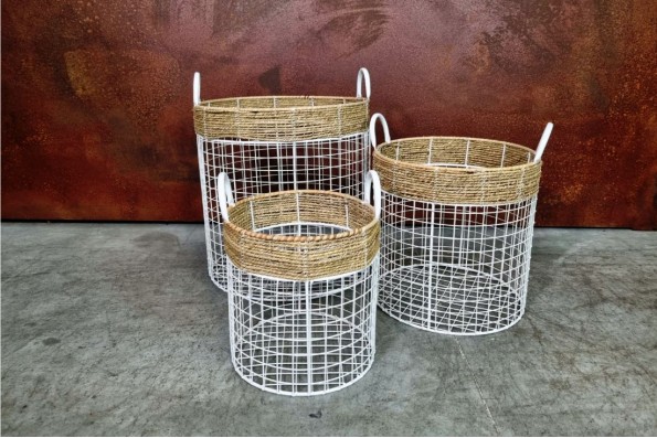 Paniers en grillages et osier, couleur blanc lot de 3 style vintage, champêtre, romantique