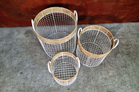 Paniers en grillages et osier, couleur blanc lot de 3 style vintage, champêtre, romantique