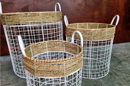 Paniers en grillages et osier, couleur blanc lot de 3 style vintage, champêtre, romantique