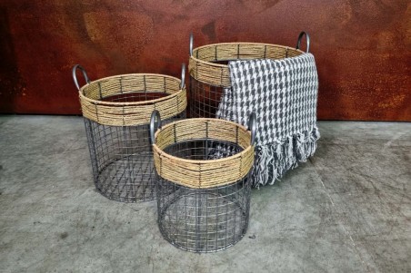 Paniers en grillages et osier, couleur gris, lot de 3 style vintage, champêtre, romantique