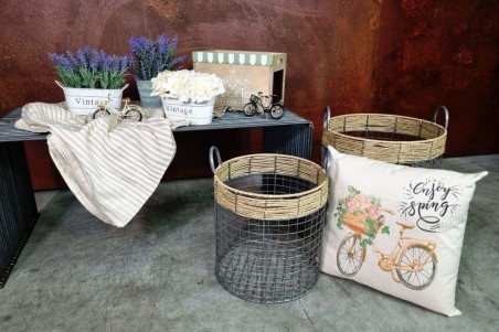 Paniers en grillages et osier, couleur gris, lot de 3 style vintage, champêtre, romantique