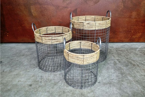 Paniers en grillages et osier, couleur gris, lot de 3 style vintage, champêtre, romantique 2