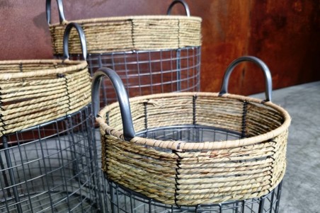 Paniers en grillages et osier, couleur gris, lot de 3 style vintage, champêtre, romantique