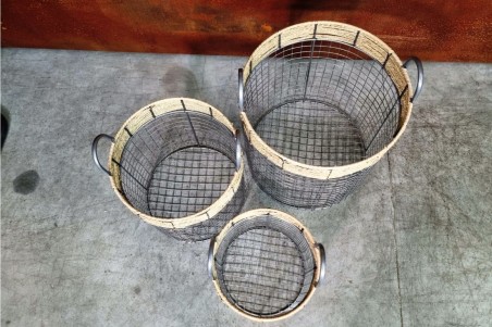 Paniers en grillages et osier, couleur gris, lot de 3 style vintage, champêtre, romantique