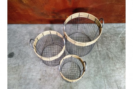 Paniers en grillages et osier, couleur gris, lot de 3 style vintage, champêtre, romantique