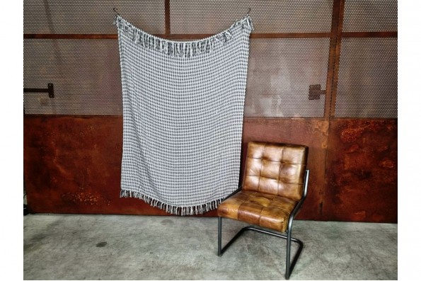 Plaid pied de poule gris, chaud, hiver, cocooning, cheminée, couverture, coton, frange