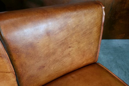 Banquette maxi confort en cuir camel sombre et métal déco vintage style indus design loft ou contemporain