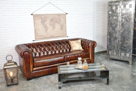 Canapé 3 places cuir marron tabac capitonné design "chesterfield" style industriel déco indus loft