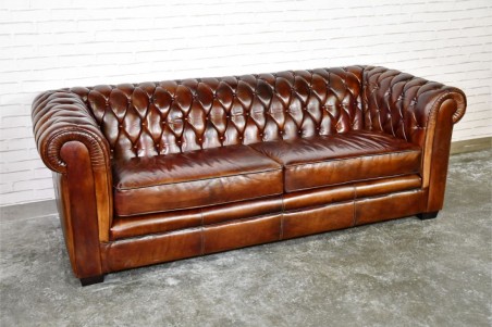 Canapé 3 places cuir marron tabac capitonné design "chesterfield" style industriel déco indus loft