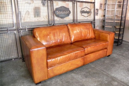 Canapé cuir camel sombre design loft style industriel déco indus confort moelleux