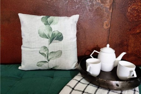 coussin lin végétal 45x45 beige feuille   verte décoration végétale style tropical