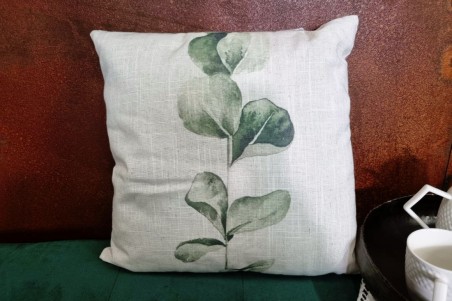 coussin lin végétal 45x45 beige feuille   verte décoration végétale style tropical