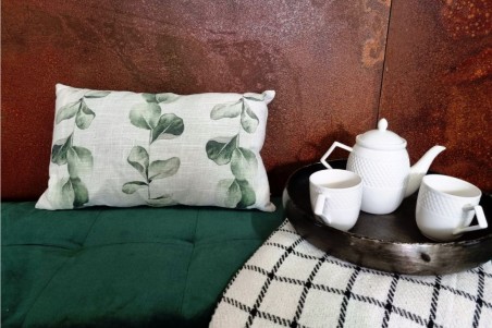 coussin lin végétal 50x30 rectangle beige feuilles vertes décoration végétale style tropical