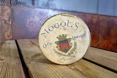 boîte café chocolat, mogols, métal et papier, ancien, vintage, chiner, brocante