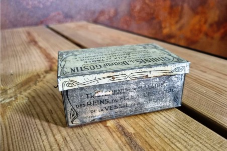 boîte traitement docteur, métal et papier, ancien, vintage, chiner, brocante