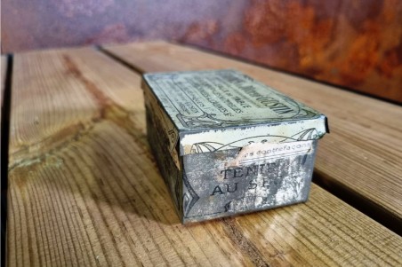 boîte traitement docteur, métal et papier, ancien, vintage, chiner, brocante