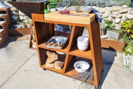 Desserte de jardin acier corten roulettes rangement planche à découper qualité artisanale décoration urbaine style industriel