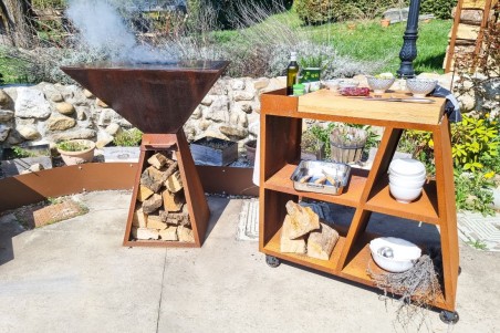 Desserte de jardin acier corten roulettes rangement planche à découper qualité artisanale décoration urbaine style industriel