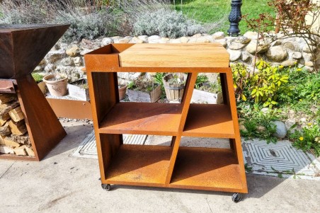 Desserte de jardin acier corten roulettes rangement planche à découper qualité artisanale décoration urbaine style industriel