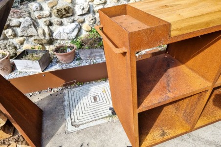 Desserte de jardin acier corten roulettes rangement planche à découper qualité artisanale décoration urbaine style industriel