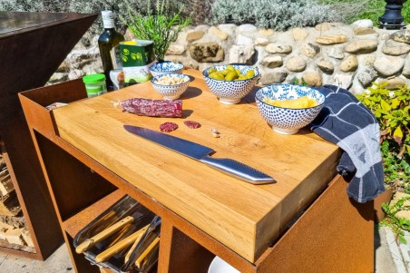 Desserte de jardin acier corten roulettes rangement planche à découper qualité artisanale décoration urbaine style industriel