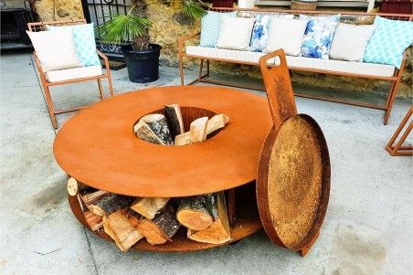 table basse brasero acier corten feux de camps jardin bac à glaçon stockage bois extérieur roulette