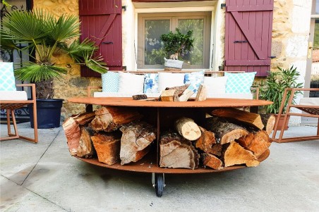 table basse brasero acier corten feux de camps jardin bac à glaçon stockage bois extérieur roulette