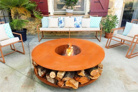 table basse brasero acier corten feux de camps jardin bac à glaçon stockage bois extérieur roulette