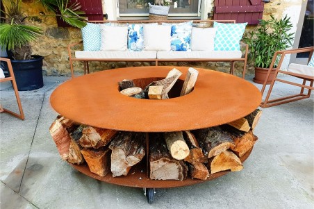 table basse brasero acier corten feux de camps jardin bac à glaçon stockage bois extérieur roulette
