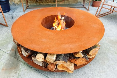 table basse brasero acier corten feux de camps jardin bac à glaçon stockage bois extérieur roulette