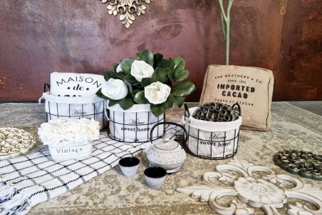 lot de 3 paniers, métal tissu noir et blanc panier de rangement, home sweet home panier grillage set de paniers