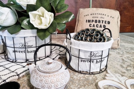 lot de 3 paniers, métal tissu noir et blanc panier de rangement, home sweet home panier grillage set de paniers