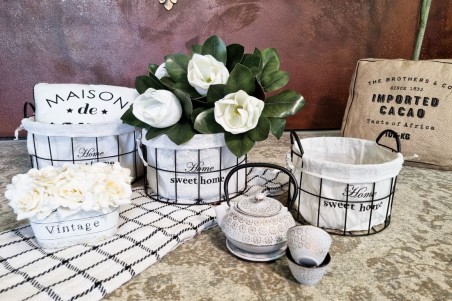 lot de 3 paniers, métal tissu noir et blanc panier de rangement, home sweet home panier grillage set de paniers