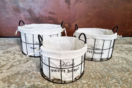 lot de 3 paniers, métal tissu noir et blanc panier de rangement, home sweet home panier grillage set de paniers