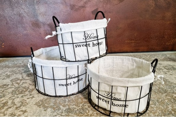 lot de 3 paniers, métal tissu noir et blanc panier de rangement, home sweet home panier grillage set de paniers
