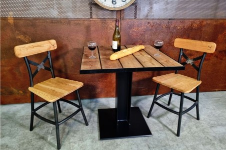 table pieds central poutrelle H plateau en lame de pin table carré terrasse bar restaurant style industriel robuste solide