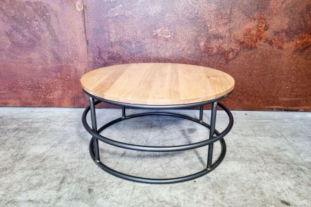table basse ronde métal de qualité artisanale haut de gamme luxe plateau bois de chêne ou bois de hêtre