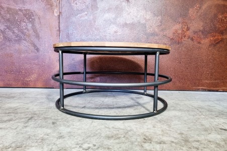 table basse ronde métal de qualité artisanale haut de gamme luxe plateau bois de chêne ou bois de hêtre