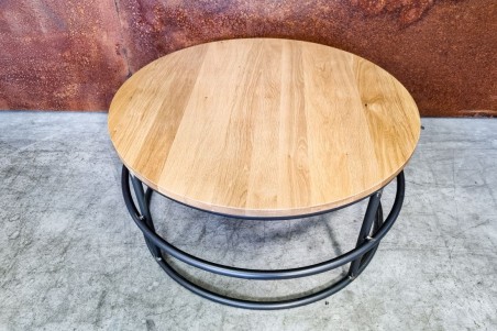 table basse ronde métal de qualité artisanale haut de gamme luxe plateau bois de chêne ou bois de hêtre
