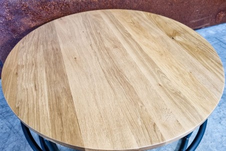 table basse ronde métal de qualité artisanale haut de gamme luxe plateau bois de chêne ou bois de hêtre