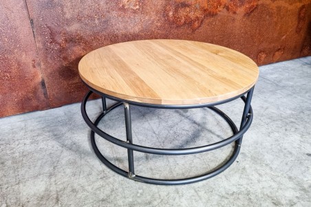 table basse ronde métal de qualité artisanale haut de gamme luxe plateau bois de chêne ou bois de hêtre