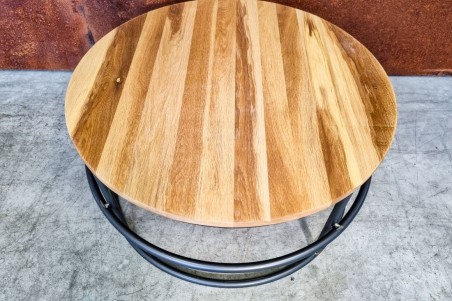 table basse ronde métal de qualité artisanale haut de gamme luxe plateau bois de chêne ou bois de hêtre