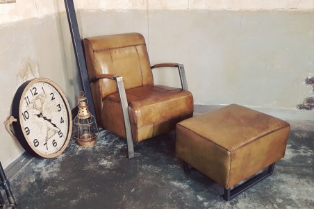 Fauteuil cuir vert olive vintage design métal  style indus déco loft