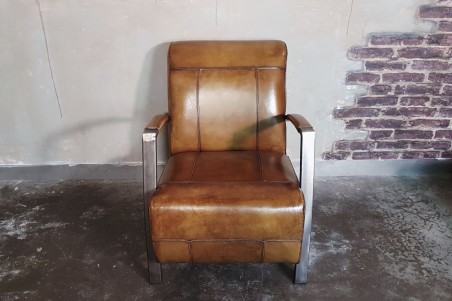 Fauteuil cuir vert olive vintage design métal  style indus déco loft