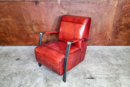 Fauteuil cuir rouge cognac vintage design métal  style indus déco loft