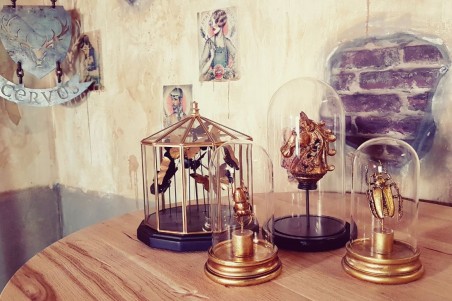 Cloche en verre avec socle en bois pour cheval d'or